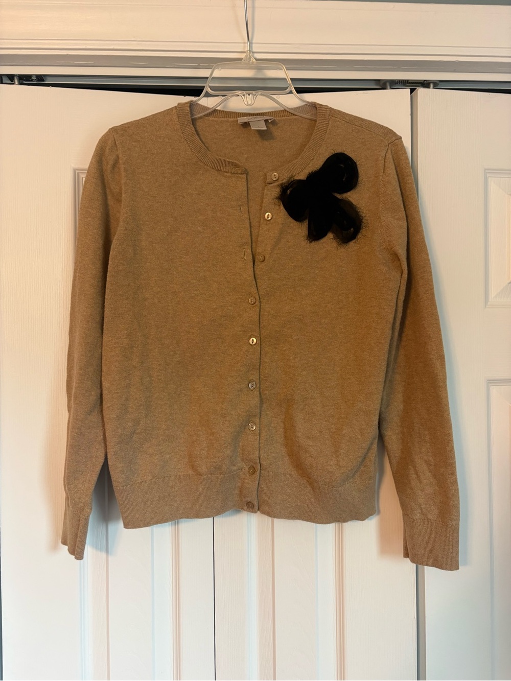 LOFT Camel Button-Front Crewneck Cardigan with Black Bow